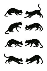 Cat silhouettes in various action poses isolated on white background