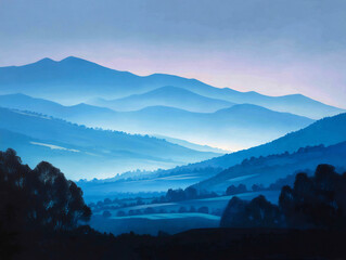 Obraz premium low blue mist between hills during sunset view