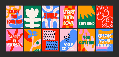 Obraz premium Abstract motivational posters for wall decor. Positive quotes and geometric compositions in cartoon trendy style. Decor for kitchens, cafes and restaurants. Minimalist wall banners.