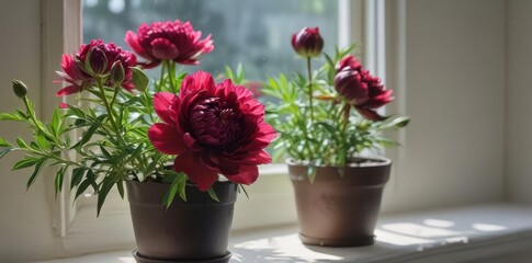 Fototapeta premium Burgundy peony bud on windowsill, potted blooms nearby , window, spring, peaceful