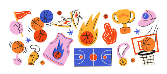 Basketball stickers in cartoon style. Sports objects, sneakers, ball, basket, sports equipment. Vector retro set  © Limpreom