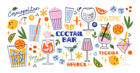 Cartoon stickers cocktails in glass jars and glasses, set of alcoholic drinks and fruits. Retro cans of refreshing drinks with ice for party. cocktail ingredients. trending doodle stickers