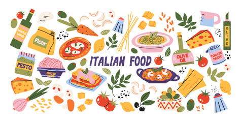 Italian food and culture stickers set in retro cartoon style. Food and drink: pizza, pasta, wine, tomato. Illustration in funky, doodle style, trendy labels set.