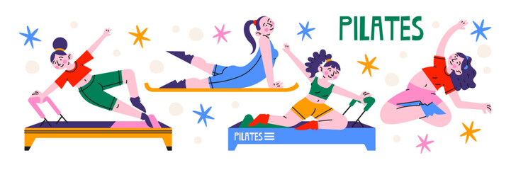 Pilates reformer workout characters in retro cartoon style.Fitness training: women exercising on pilates machines, stretching, balance poses. Stretching for healthy lifestyle, gym activities