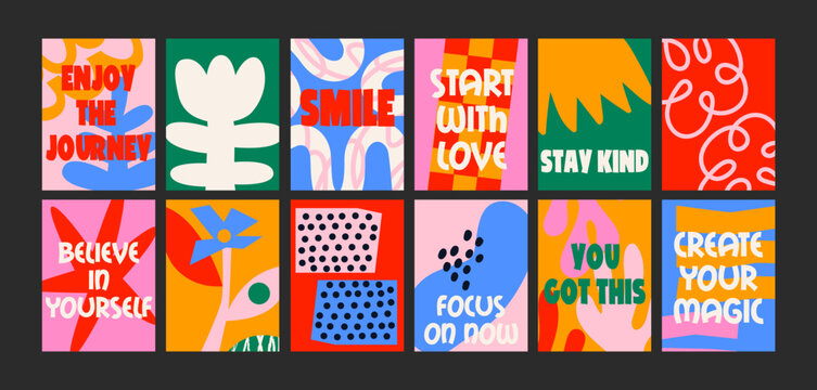 Abstract motivational posters for wall decor. Positive quotes and geometric compositions in cartoon trendy style. Decor for kitchens, cafes and restaurants. Minimalist wall banners.