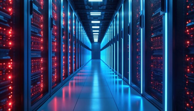 Modern data center corridor illuminated by blue LED lights, lined with rows of server racks glowing red. High-tech facility houses essential computing infrastructure for digital information