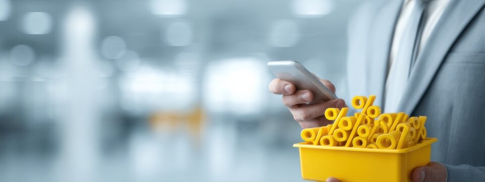 Business professional reviewing financial data on smartphone while holding basket of percentage symbols in modern office