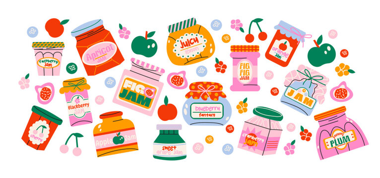 Jam set with jars and fruits. Sweet jam, jelly, preserves and confitures of strawberry, grape, cherry, apricot, homemade marmalade in retro cartoon style, doodle shapes for kitchen and food design 