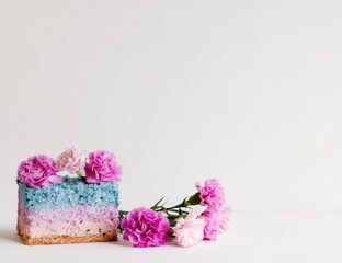 Colorful cake slice adorned with carnations.