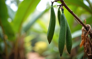 Obraz premium Vanilla pods hang from a climbing vine, showing the raw ingredient for vanilla spice. This commercially important plant features long green pods with a textured surface and pointed ends.