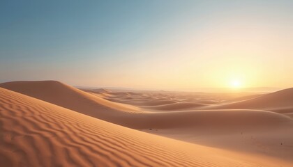 Vast desert landscape features gentle sand dunes under clear sky at sunrise. Golden hues paint undulating terrain with soft light. Endless sand formations stretch to horizon, evoking tranquility,