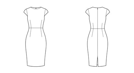 Vector technical fashion flat sketch sheath dress, front and back mockup views on transparent background