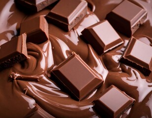 Generative AI melted liquid chocolate texture background, some bitter chocolate parts falling in this liquid