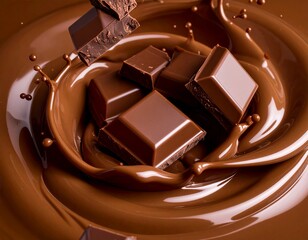 Generative AI melted liquid chocolate texture background, some milk chocolate parts falling in this liquid