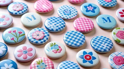 A collection of colorful round buttons with floral patterns and gingham checks, scattered on a light background