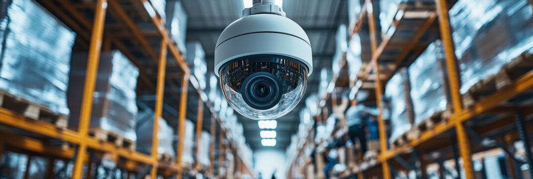 CCTV security camera overlooking organized warehouse storage area during daylight hours - Powered by Adobe