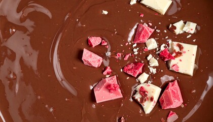 Generative AI melted liquid chocolate texture background, some white and pink chocolate parts falling in this liquid