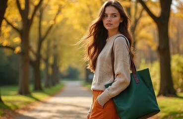 Young woman enjoys autumn park walk carrying green bag. Warm sunlight filters through golden foliage trees. Casual attire, confident stride, conveys youthful energy and outdoor enjoyment.