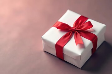 Obraz premium Delicate red ribbon tied around a small gift wrapped in white paper, christmas decor, simple decoration, seasonal accessory