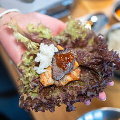 Hand-Held Korean BBQ Lettuce Wrap with Beef