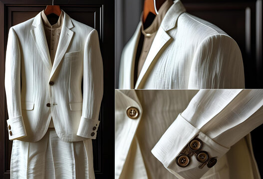 Off-White Linen Pathani Suit on Wooden Hanger &ndash; Multi-Angle Detailed Apparel Mockup