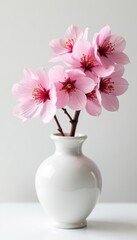Obraz premium Delicate pink cherry blossoms in a elegant vase on white background, white background, decor, interior