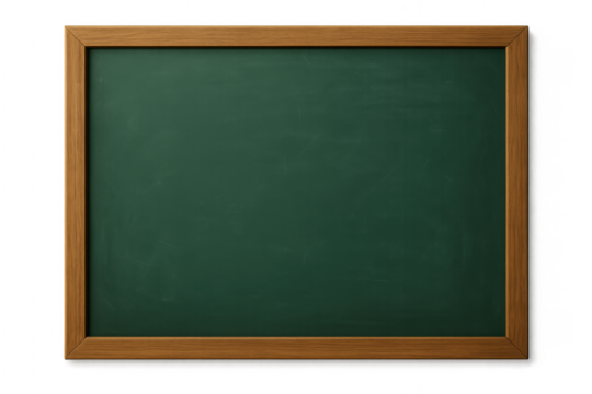 Empty green chalkboard with wooden frame on transparent background