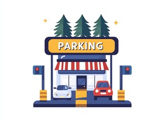 Cartoon Parking Garage with Cars, Trees, and Traffic Lights