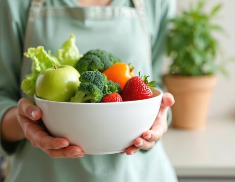 Person holds bowl brimming with fresh vegetables, fruits, promoting healthy eating, reducing food waste. This image supports messages on nourishment, awareness, sustainable living, balanced diets.