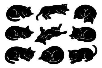 Collection of cute black cat silhouettes in various sleeping poses isolated on white background