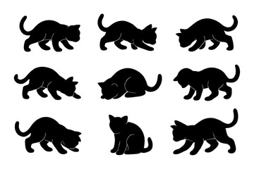 Collection of black cat silhouettes in different poses isolated on white background
