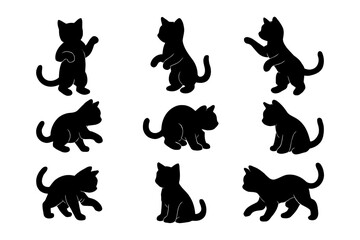 Collection of playful cat silhouettes in various poses isolated on white background