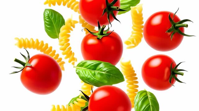 Flying food ingredients background, a creative cooking pattern. Abstract levitation of pasta, tomato, basil. Classic Italian food ingredients. Slow motion 4K video animation.