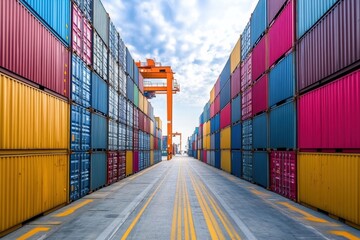 Fototapeta premium Containers in a minimalist port landscape with bright colors creating an industrial view