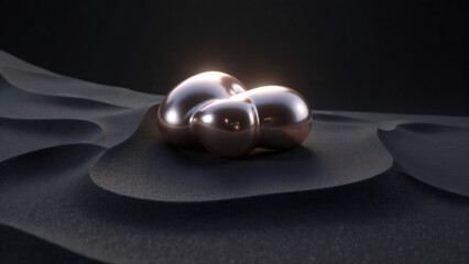 Metallic Spheres on Black Sand Dunes: Reflections and Desert Landscape