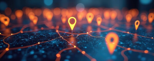 Abstract digital map displays glowing location pins connected by orange lines on vibrant blue background. Represents modern navigation technology, pinpointing destinations on a global network.