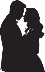 Black silhouette of a man in a suit and a woman in a dress embracing couple embrace