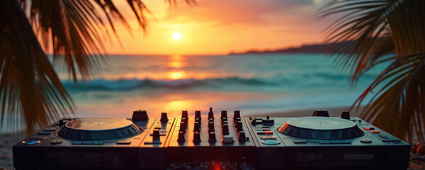 DJ turntable equipment rests on sandy beach shoreline during vibrant sunset over ocean waves. Palm tree fronds frame this scene of outdoor music entertainment, beach party vibes.