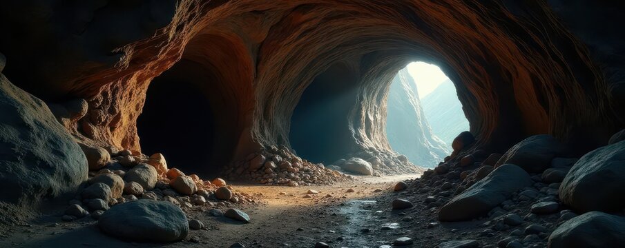 Dark, damp cave entrance, ancient bones visible, rough, subterranean, hidden
