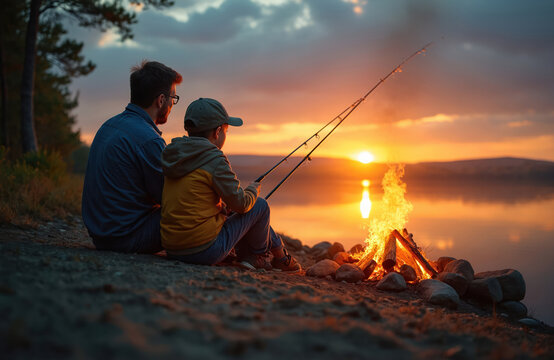 Father and son fishing by lake near campfire at sunset. Family enjoys evening nature view while relaxing. Man, boy, camping, outdoor recreation, bonding by water. Cozy fire.