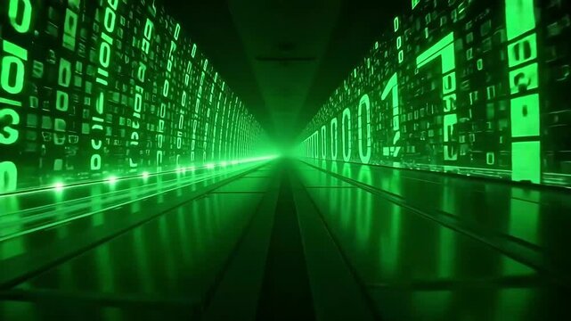 Immersive digital tunnel experience with vibrant green binary code flowing forward, conveying data and technology.