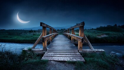 rustic wooden bridge over a stream at night under a crescent moon