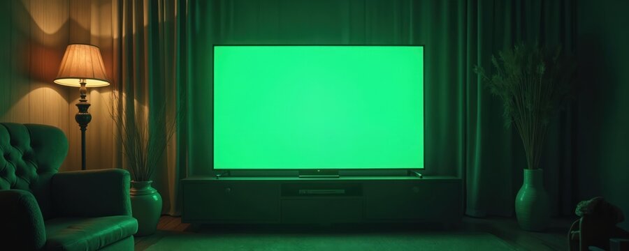 Green blank screen television in dark horror room at night. Generative AI technology creates eerie ambiance with retro style and vintage entertainment feel, perfect for media backgrounds.