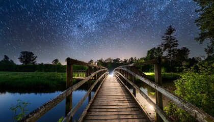 rustic wooden bridge spans a quiet creek at night under a star studded sky