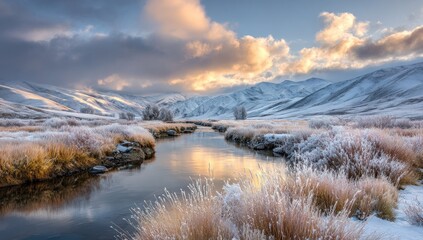 A serene winter landscape with a frosty river winding through snow-covered hills.