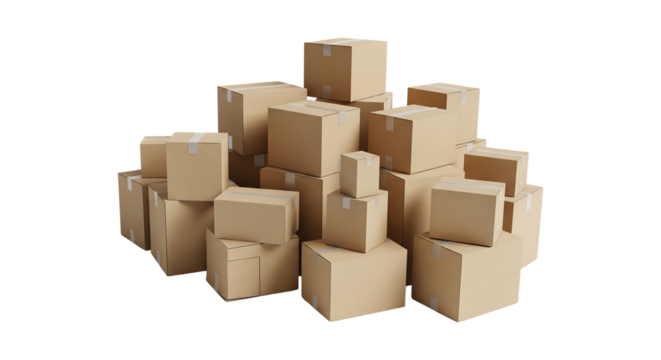 Large messy pile of sealed brown cardboard moving or shipping boxes. Isolated on transparent background, png