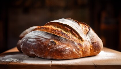 freshly baked bread loaves on wooden board with flour dust showcasing warm inviting scene