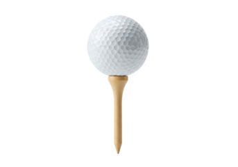 White dimpled golf ball sitting perfectly on a wooden tee ready to play. Isolated on transparent background, png