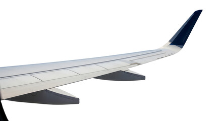 View of a commercial airplane wing with a blue winglet from a window. Isolated on transparent background, png
