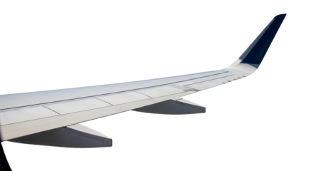 View of a commercial airplane wing with a blue winglet from a window. Isolated on transparent background, png